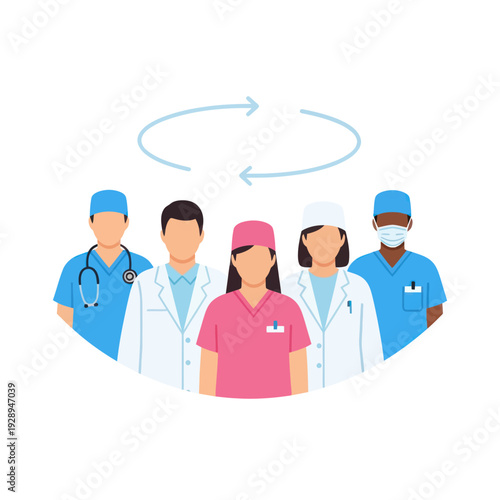Healthcare professionals team with circulation arrows showing teamwork