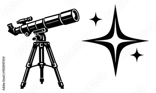 Vector graphic astronomy set featuring a telescope on a tripod and stars for space exploration