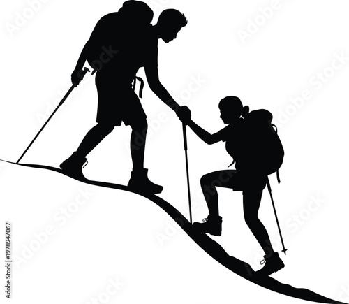 Silhouette of two hikers with backpacks and trekking poles ascending a steep slope together in a supportive gesture