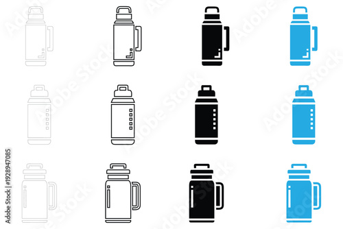Thermos flask bottle icon vector set, hot water bottle vector, silhouette and line art icon illustration