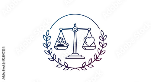 Justice scale with gavel and heart in laurel wreath icon