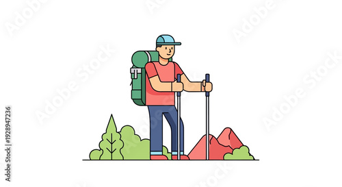 Cartoon hiker with backpack trekking through a minimalist illustrated landscape