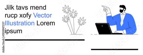 Business communication, workplace interaction, professional guidance, teamwork, online collaboration, digital workspace. A man in formal attire points while seated at a laptop. Business communication