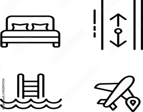 Hotel bedroom icon set with swimming pool ladder, airplane flight and vertical distance measurement arrow