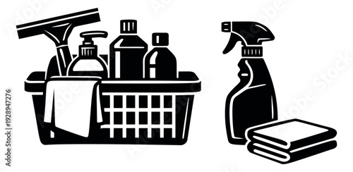 Graphic cleaning supplies set featuring a basket of bottles and a squeegee, alongside a spray bottle and towels for household and commercial cleaning
