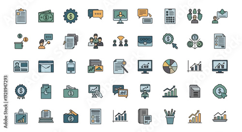 Set of colorful business icons finance technology and communication symbols
