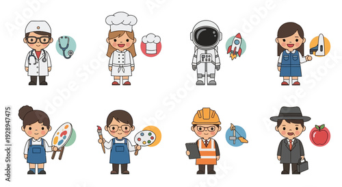 Diverse cartoon people representing various professions and careers