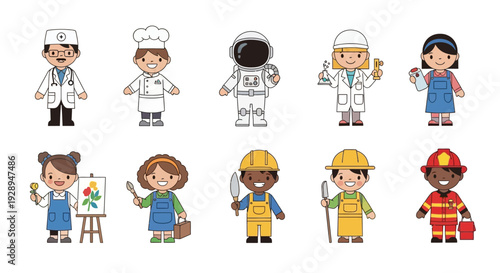 Diverse cartoon people depicting various professions against white backdrop