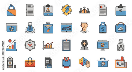 Collection of business icons diverse objects representing corporate concepts on white
