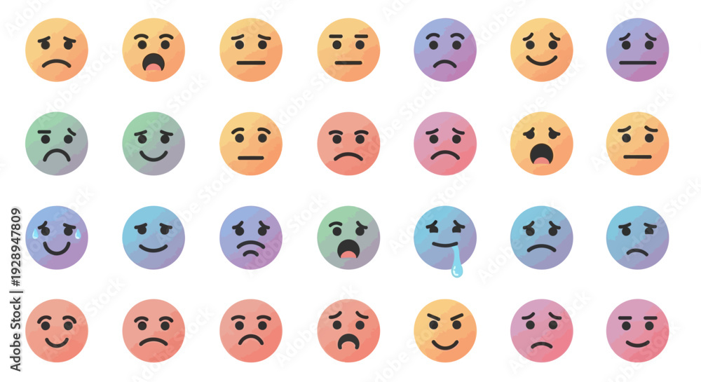 Naklejka premium Collection of colorful emoji icons depicting various emotions and facial expressions