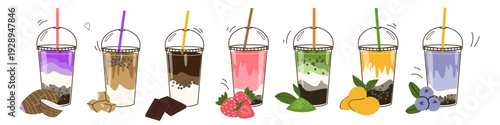 Bubble tea doodle vector illustration set. Boba tea set in glass. Vector flat cartoon illustration isolated.