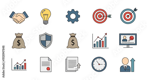 Business and finance icon set handshake gear target money bag charts