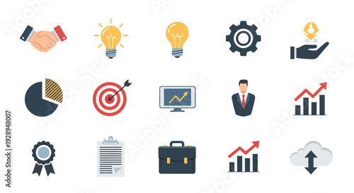 Collection of business and success icons illustrating concepts in a vector style