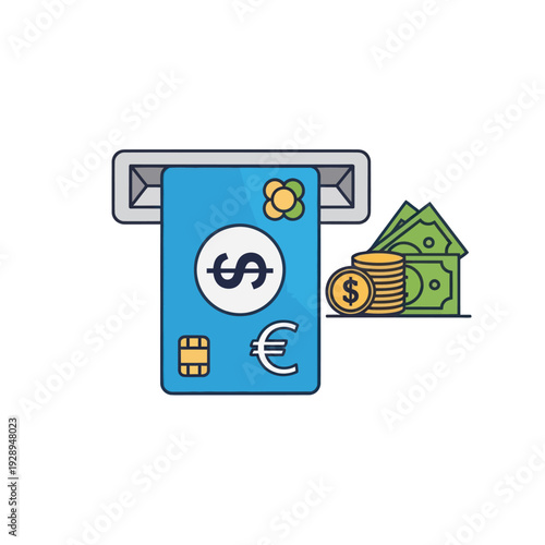 Credit card inserted into reader with dollar and euro currency