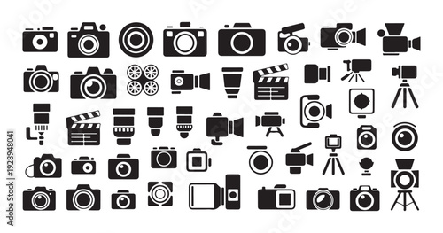Extensive collection of photography and videography icons, a comprehensive set of camera and film equipment symbols