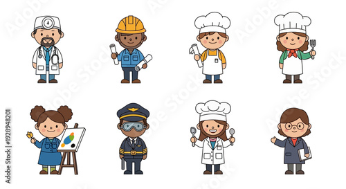 Diverse cartoon people representing professions doctor architect chef artist pilot scientist
