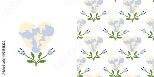 Cartoon earth shape with eco element. Love planet vector illustration with seamless pattern. Kids environment protection texture with earth in heart shape.