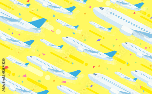 上昇するたくさんの飛行機の黄色背景_横