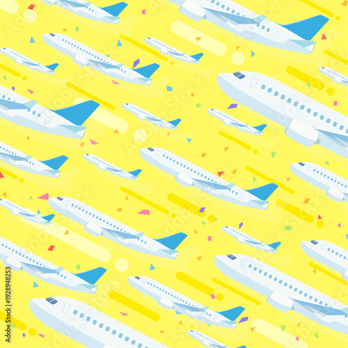 上昇するたくさんの飛行機の黄色背景_正方形