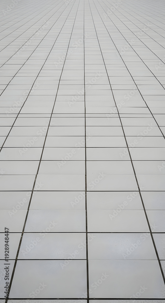 Fototapeta premium Expansive grid of light gray square tiles stretching into the distance creating a modern minimalist architectural background pattern
