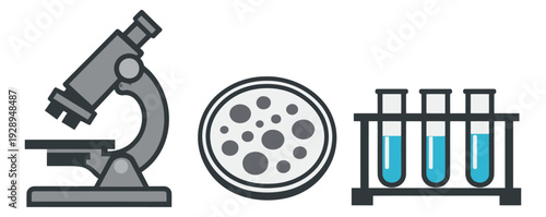 Flat line art laboratory equipment set featuring a microscope, a petri dish, and test tubes in a rack for scientific research and education