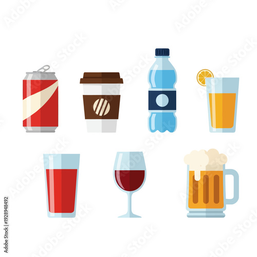 Flat design popular drinks icons collection on white background