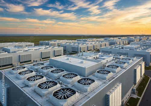 Aerial view of a massive data center complex with rooftop cooling fans at sunset.
