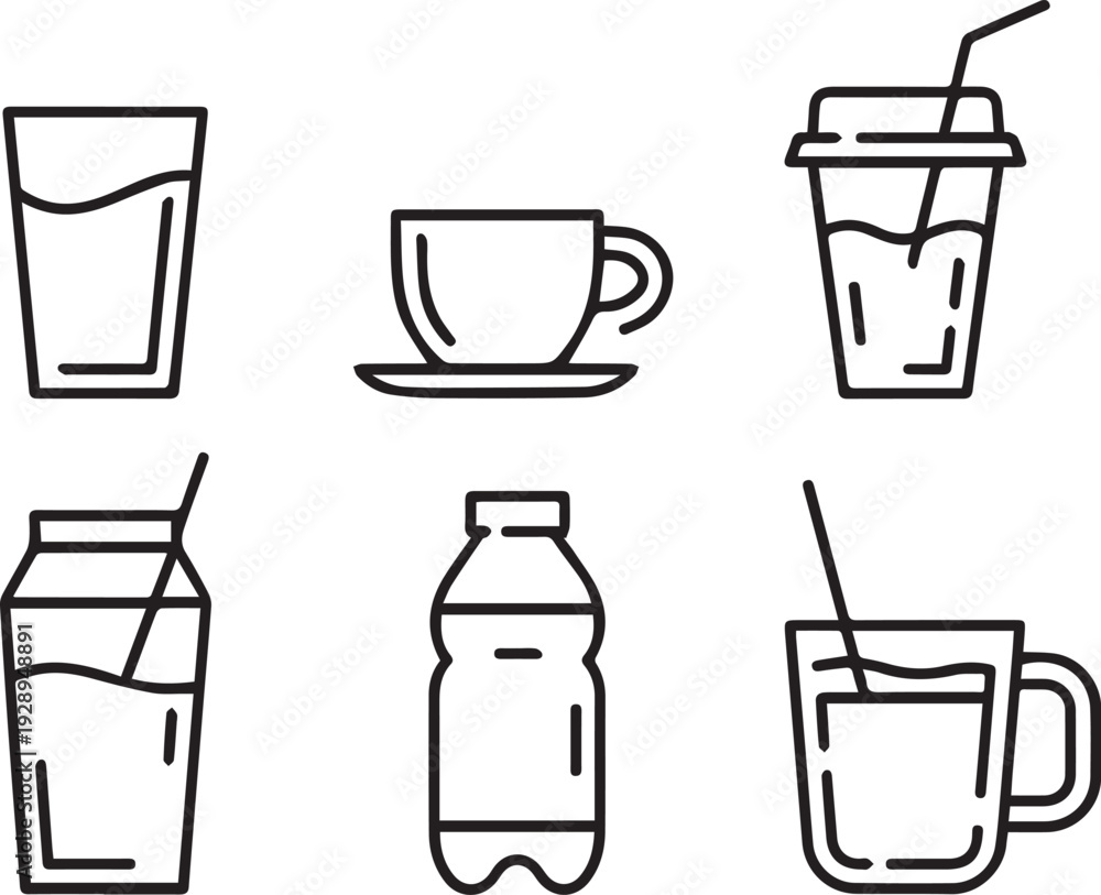 Obraz premium Set of Drinks in Line Art Style, Minimal Beverage Illustrations, Coffee, Juice, Cocktail and Refreshing Drink Outline Collection