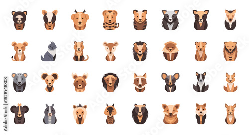 Collection of stylized animal faces illustrations for design elements and projects