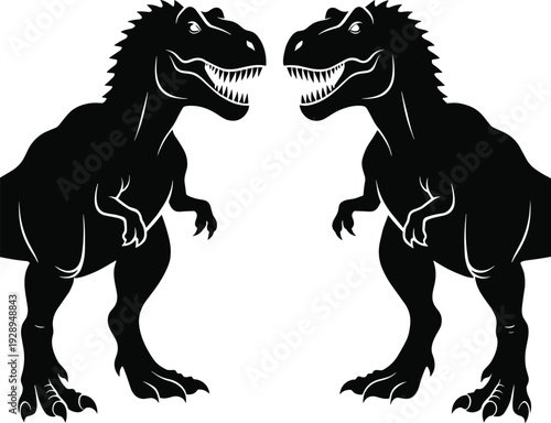 Black Tyrannosaurus rex dinosaur silhouette pair facing each other isolated on white background, prehistoric predator vector illustration for logo, mascot and design use