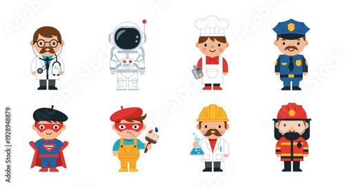 Diverse cartoon professionals doctor astronaut chef police artist and more