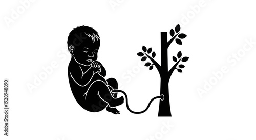 silhouette of a baby in a fetal position connected by an umbilical cord to the trunk of a leafy tree