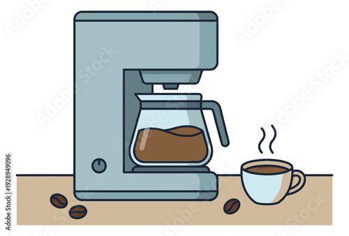 Line art illustration of a coffee maker and cup depicting freshly brewed coffee for a morning routine