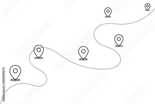 Abstract Journey Path with Location Pins Showing Travel Route, Navigation, Progress, Direction, and Goal Planning