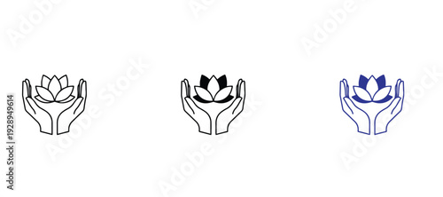  Hands holding lotus flower icon set for wellness and meditation. Spiritual yoga symbol, spa logo, mindfulness, and zen relaxation vector illustrations in outline, solid, and glyph styles.