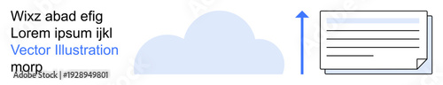 Cloud computing, data transfer, file sharing, cloud storage, digital communication, technology. A cloud with an upward arrow pointing to a document. Cloud computing and file sharing concepts