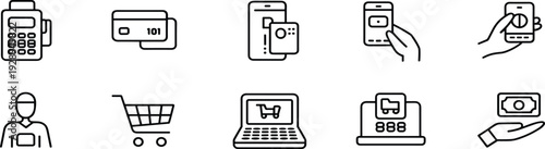 E-commerce icon set with POS terminal, credit card, mobile wallet, laptop shopping cart and cash