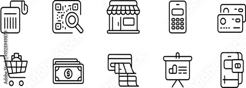 Retail icon set with barcode scanner, QR code, storefront, mobile payment and credit card transaction symbols