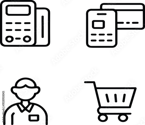 Retail icon set with POS terminal, credit card payment, customer service person and shopping cart