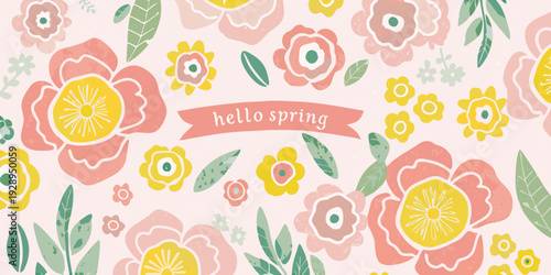 A cheerful floral pattern with a hello spring greeting banner