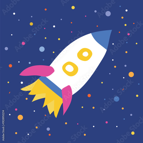 Rocket launch and planet illustration. Stylized spaceship and ringed celestial body in deep space. Great for educational materials, web icons, and modern posters.