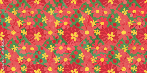 A vibrant repeating floral pattern with red yellow and green hues