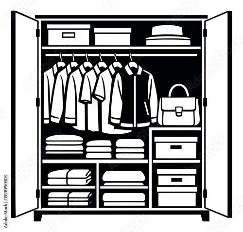 Line art illustration of an open wardrobe depicting organized clothes and accessories for home storage concepts