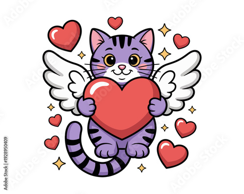 A cute cartoon cat with wings holding a heart surrounded by smaller hearts and sparkles