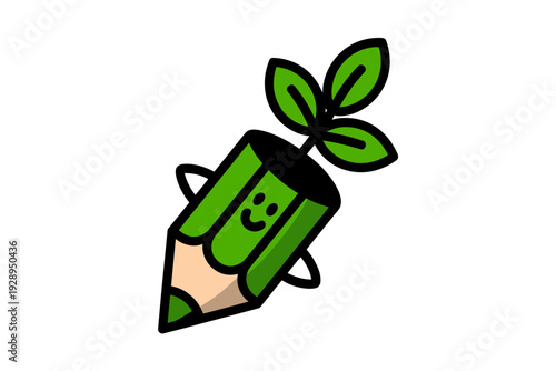 A cheerful green pencil with a smiley face and a sprouting plant growing out of it, symbolizing creativity and growth.