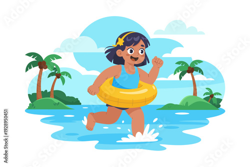 A cartoon girl running through the water with a yellow inflatable ring on a tropical island background
