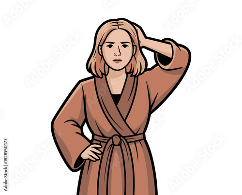 A confident woman in a brown robe standing with one hand on her hip and the other on her head in a vector graphic illustration.