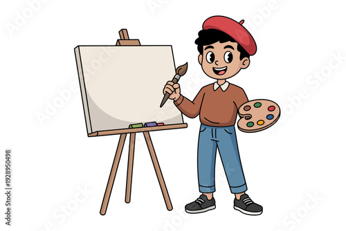 A cartoon boy in a red beret stands beside an easel holding a paintbrush and palette