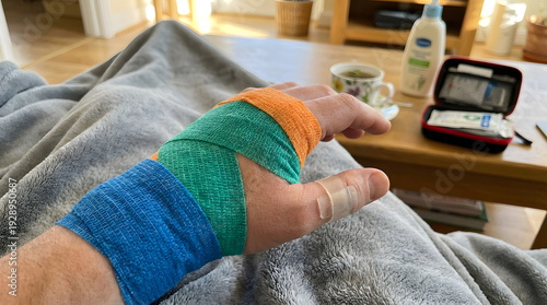 Mano lesionada con vendaje medico y curacion