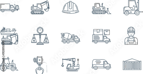 Construction and Industrial Equipment Line Icons Set with Trucks Excavator Crane Forklift Tools and Worker Vector Collection